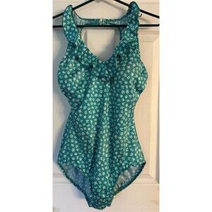 T.H.E Swimwear Women’s Swimsuit Size 14 C Cup, Teal Ruffle One Piece Daisy Print